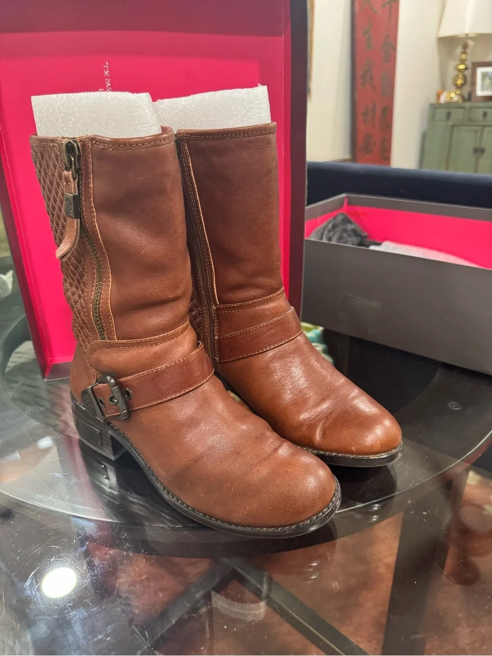 Vince Camuto Tan Leather Ankle Boots with Buckle Detail